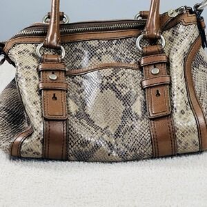 Vintage Fossil Maddox Satchel Brown Leather Handbag Embossed Snakeskin Purse‎